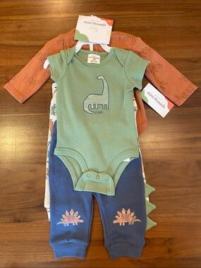 Petit Lem Sage Green & Rust Baby Dino 4 Piece Set